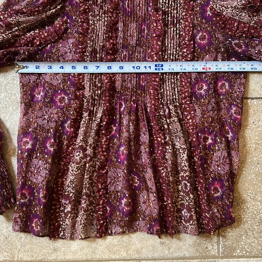 Ulla Johnson Burgundy Floral Ruffled High-Neck Blouse